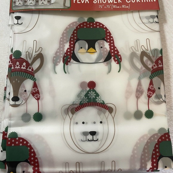 Cute Christmas Holiday Penquin, Polar Bear & Fox Peva Shower Curtain NEW 72 x 72 - Picture 3 of 3